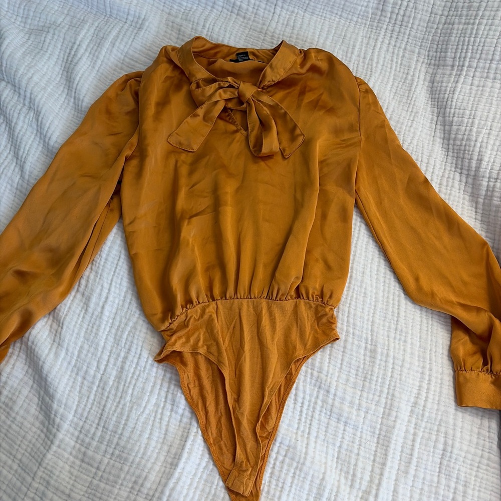 Forever 21 Mustard Long-Sleeve Bow-Neck One-Piece Bodysuit